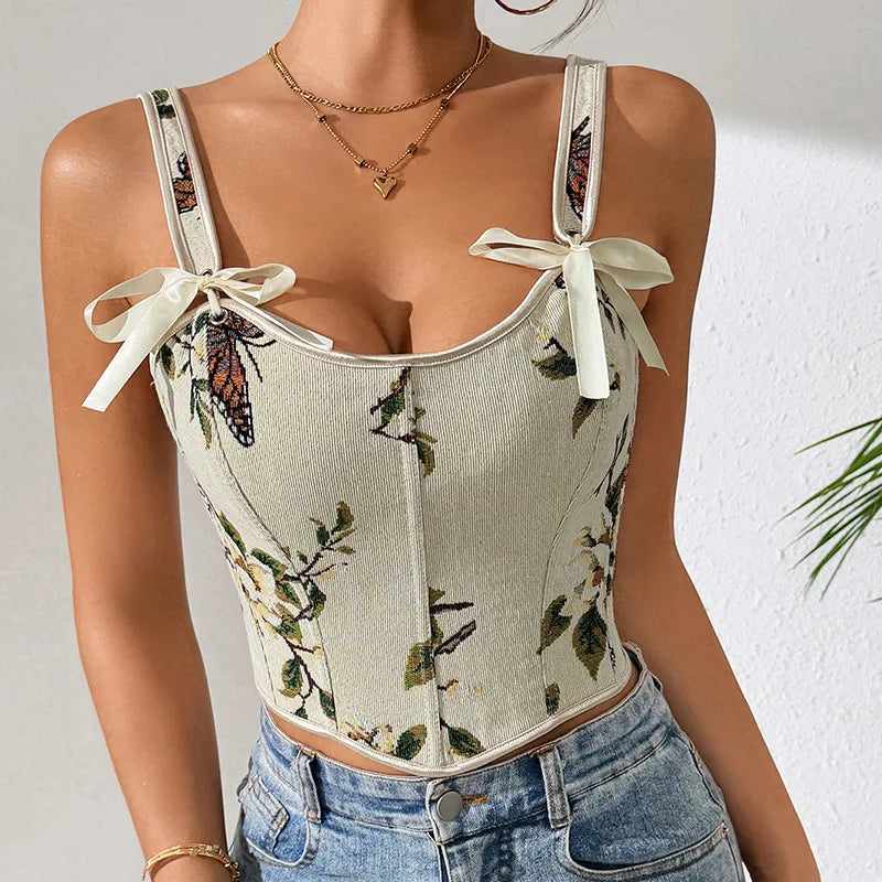 Sexy Strap Bra Tops French Style Floral Printing Retro Vest Style Double Strap Sling Chest Support Body Shapewear Vintage Corset