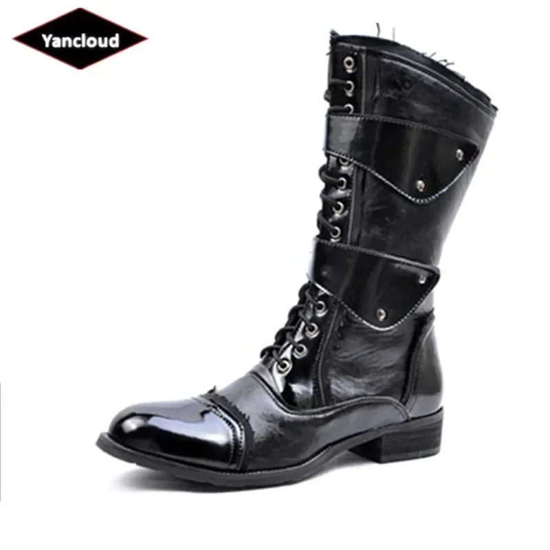 Gothic Punk Cosplay Dance Boots for Men 2025 Fall Winter Mid Leg Patent Leather Warm Motorcycle Boots Male Shoes for Office