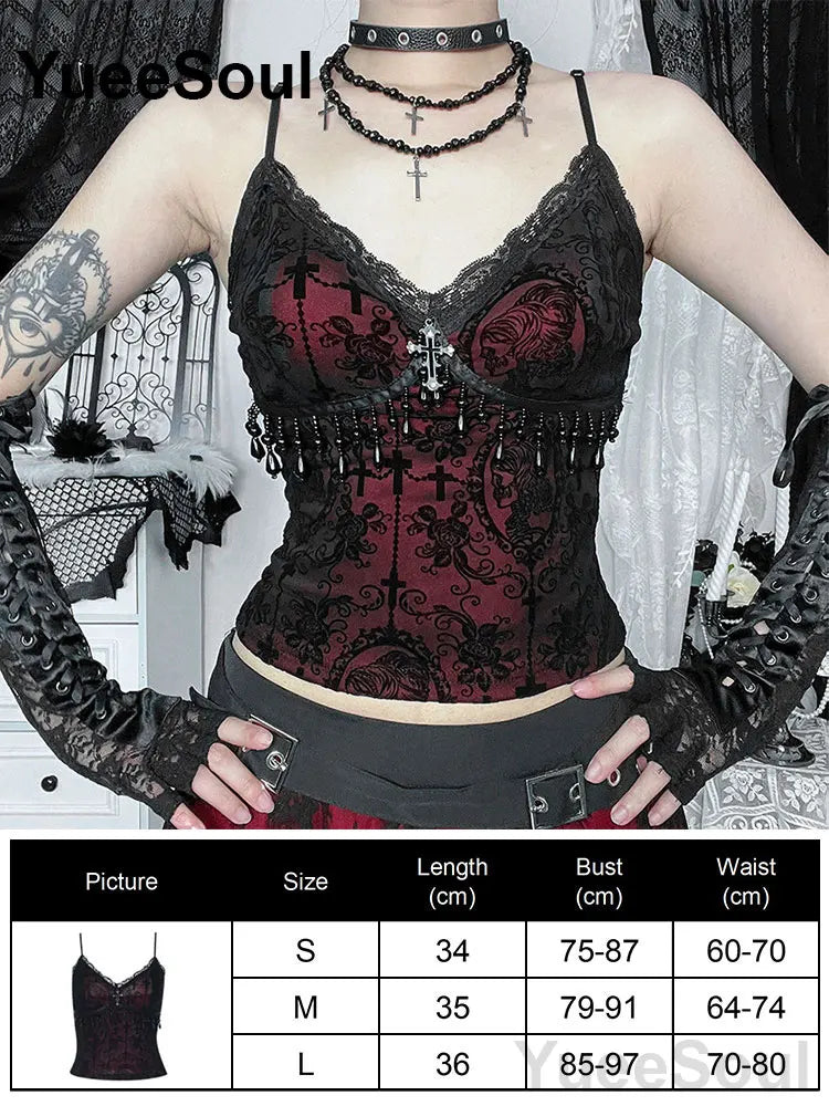 Gothic Crop Tops Black Lace Mesh Tanks Tops 2026 New Y2K Goth Punk Grunge Fairy Core Sexy Y2K Halloween 2000s Women Clothing