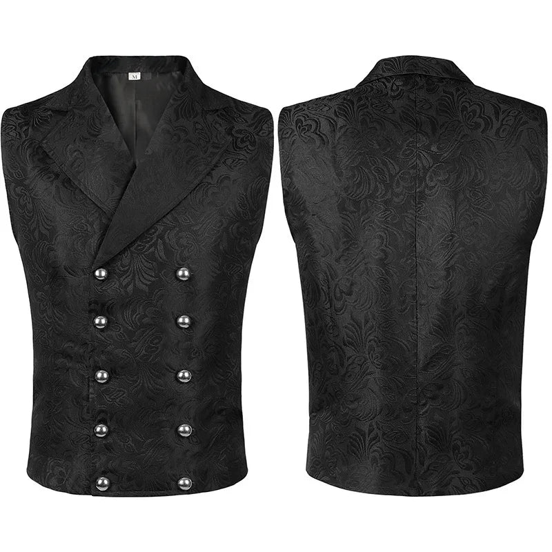 Medieval Men's Gothic Jackets Vintage Jacquard Waistcoats Steampunk Cosplay Costumes Double Breasted Slim Tuxedo Vests Tops Male
