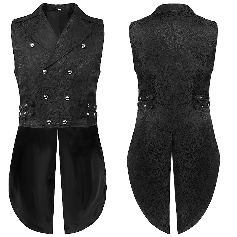 Medieval Men's Gothic Jackets Vintage Jacquard Waistcoats Steampunk Cosplay Costumes Double Breasted Slim Tuxedo Vests Tops Male