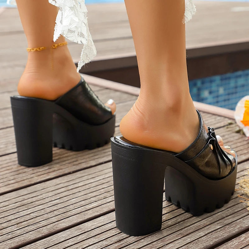 Punk Black Pu Leather High Heel Sandals Women Summer Peep Toe Chunky Platform Sandals Woman Plus Size 43 Thick Heels Party Shoes