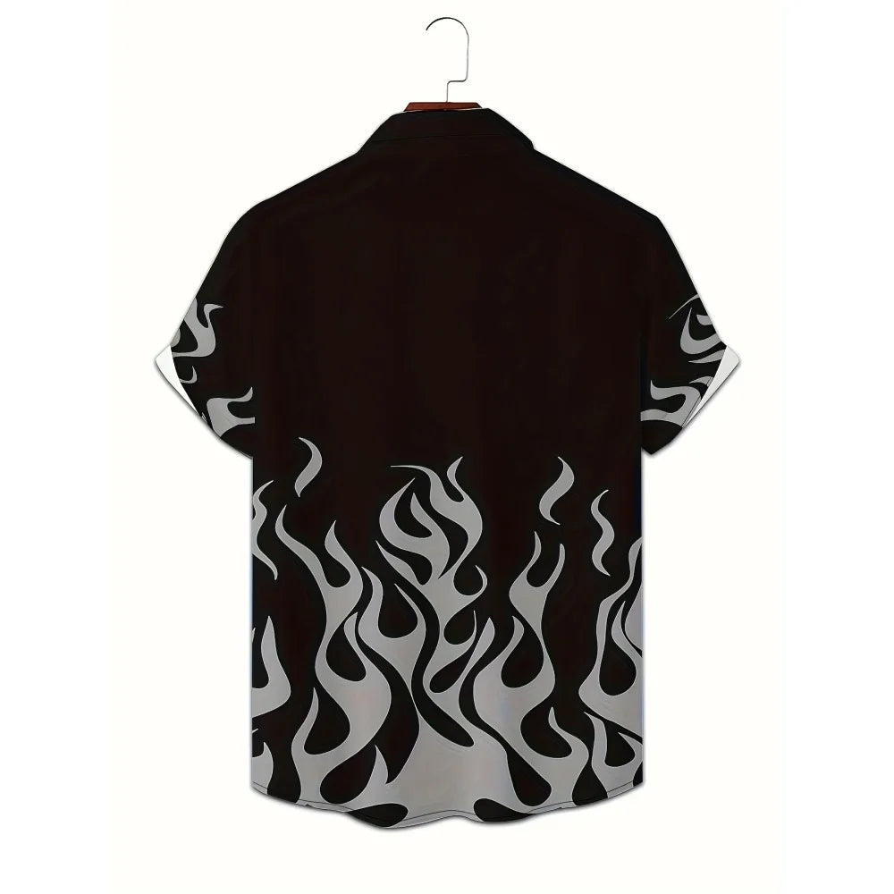 Flame Pattern Hawaiian Shirt Personality Hip Hop Gradient Fire Print Streetwear Skateboard Style Casual Lapel Short Sleeve Tops