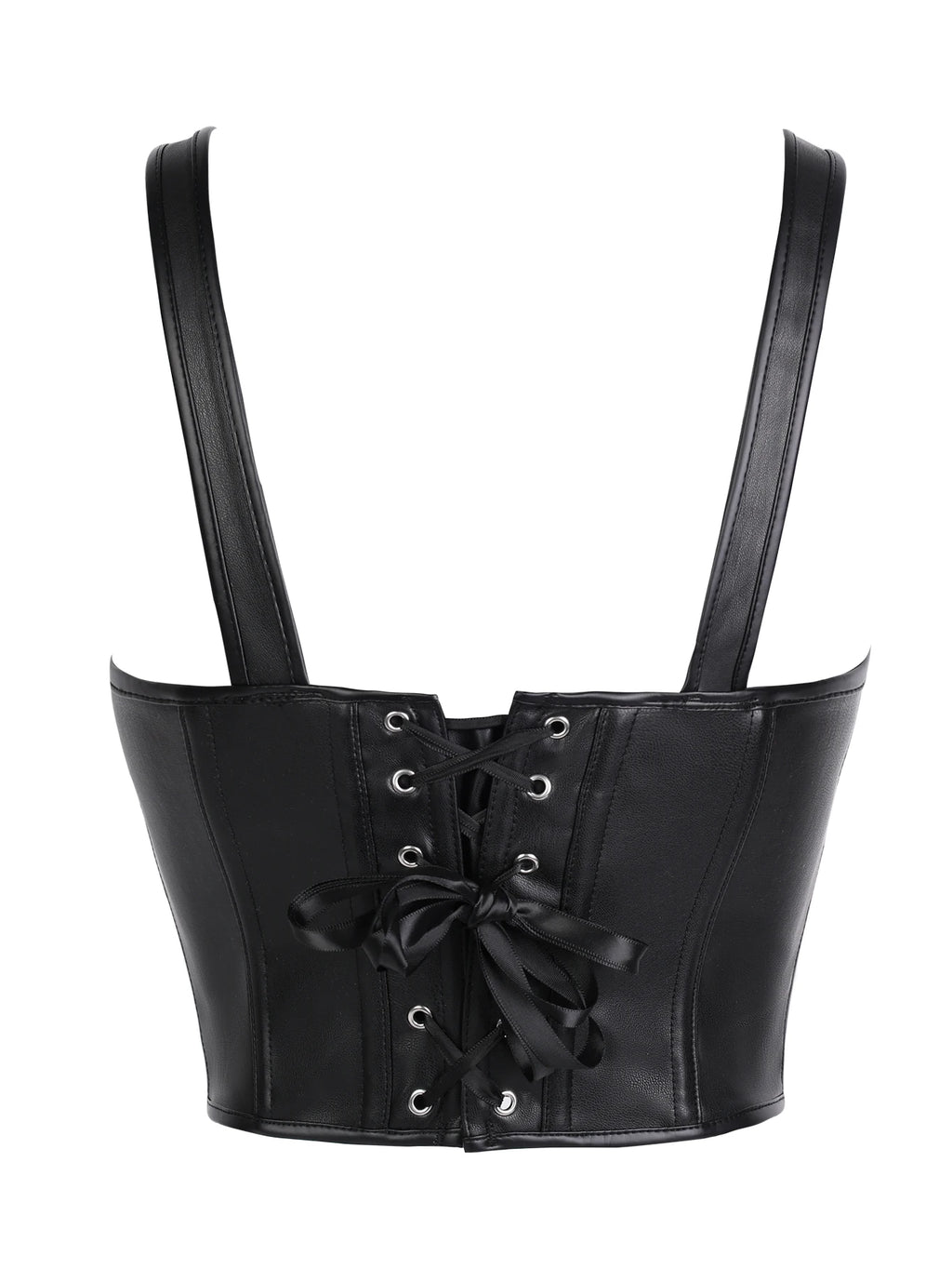 Punk style genuine leather blazer with wide shoulder straps and front ties for waist cinching and shaping. Short, tight corset.