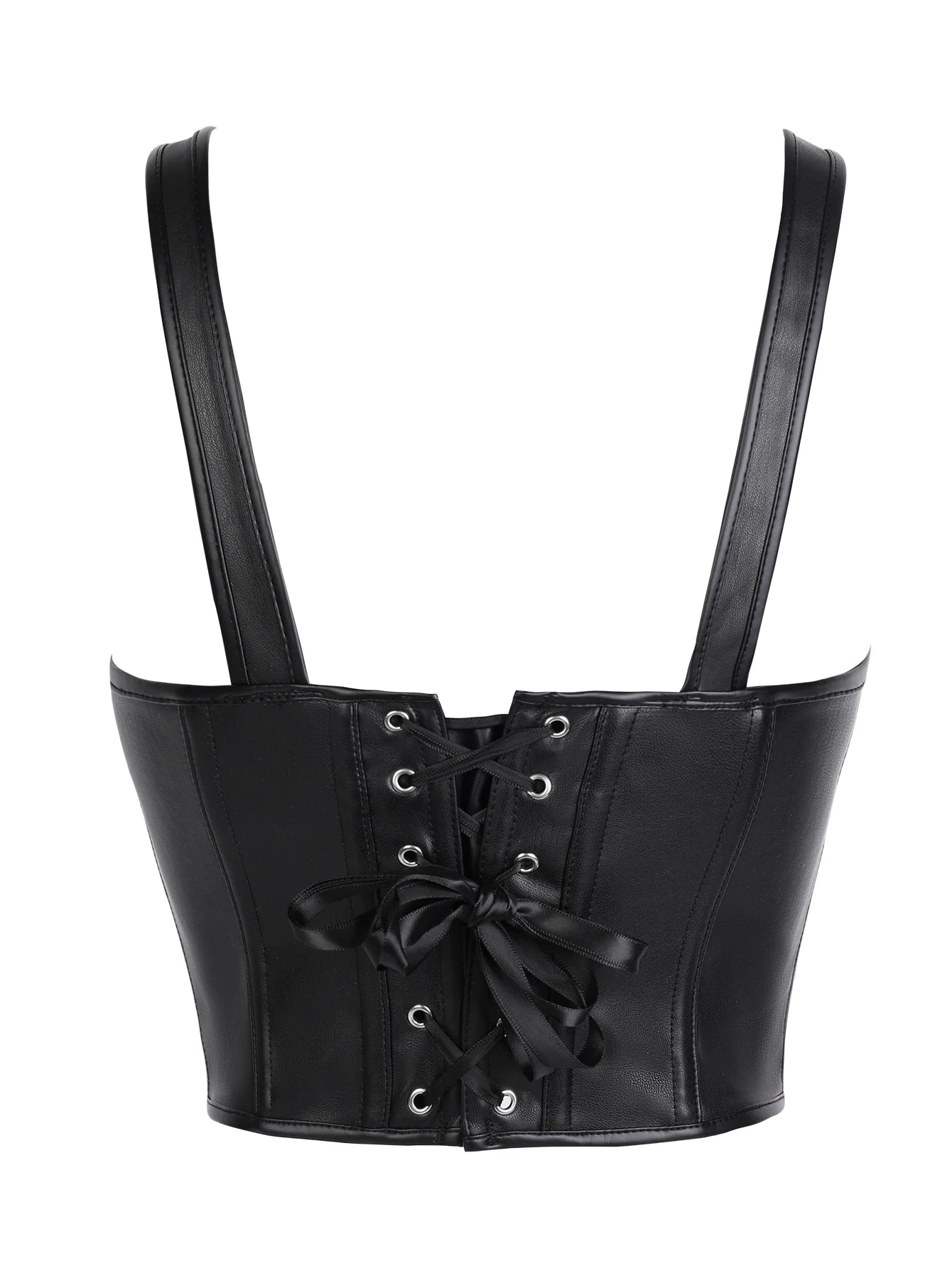 Punk style genuine leather blazer with wide shoulder straps and front ties for waist cinching and shaping. Short, tight corset.