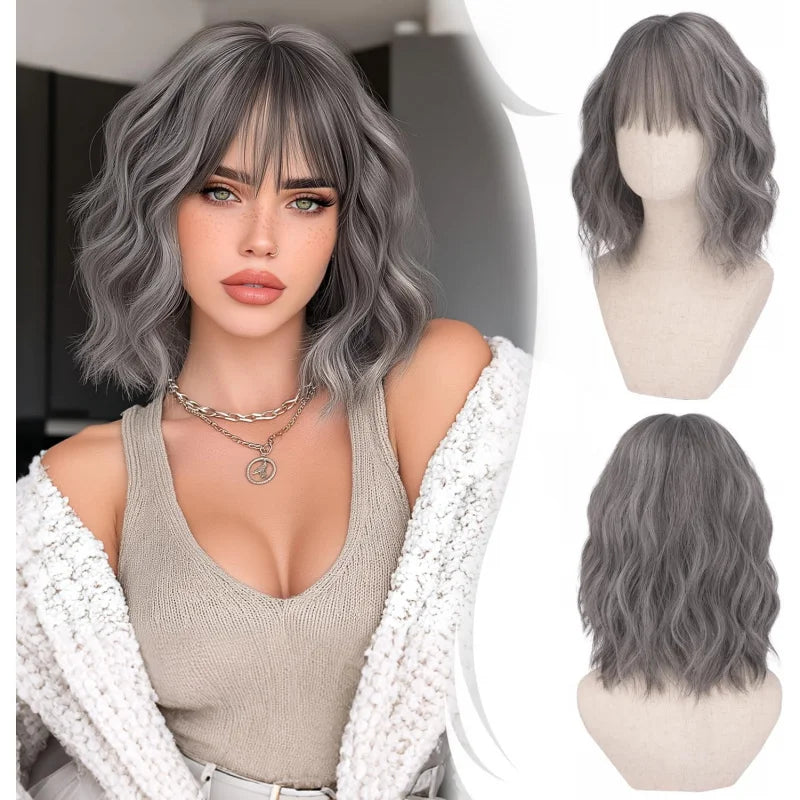 Short Wavy Bob Wig with Bangs Women Brown Highlight Synthetic Wig for Women Natural Curly Wig for Cosplay Daily Party Hallo
