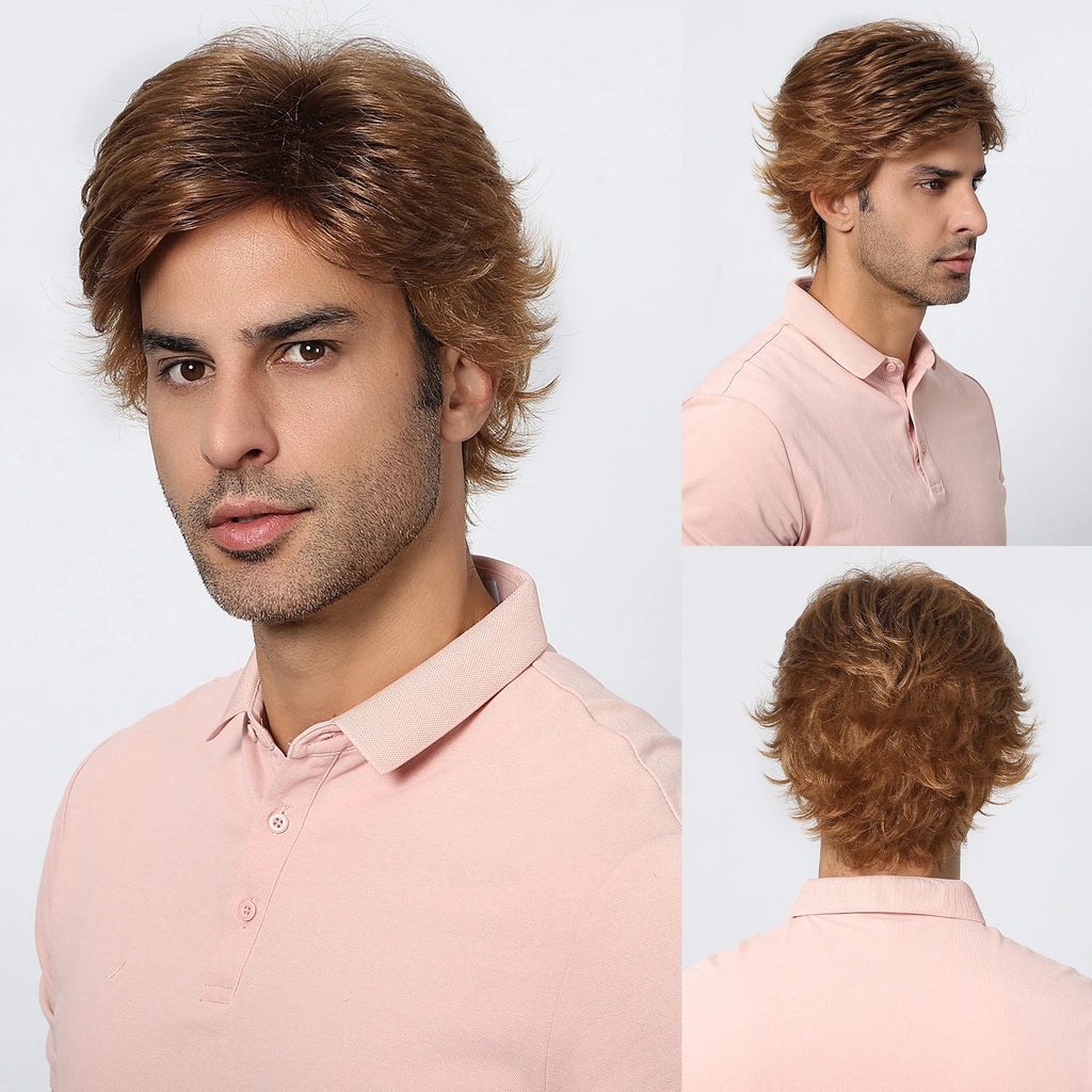 ALAN EATON Dark Brown Short Wig for Men Side Part Synthetic Layered Wigs with Bangs Natural Looking Synthetic Hair Full Wig