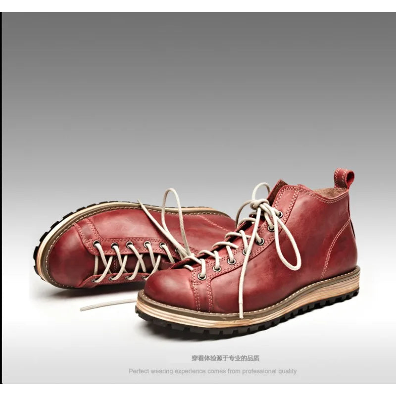 Motorcycle Riding Boots Men's Retro Leather Big Head Shoes British Work Thick Soles High Top Casual Boots