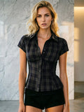 New Women's This Classic Plaid Pleated Button-Down Short-Sleeved Shirt is a Retro-Style Casual Slim Fit Suitable For Everyday