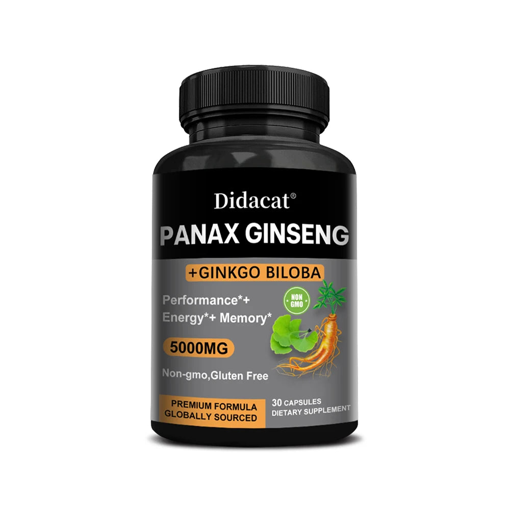 Korean Red Panax Ginseng with Ginkgo Biloba Capsules High Potency for Male Natural Health Supplement - Non-GMO, Vegan