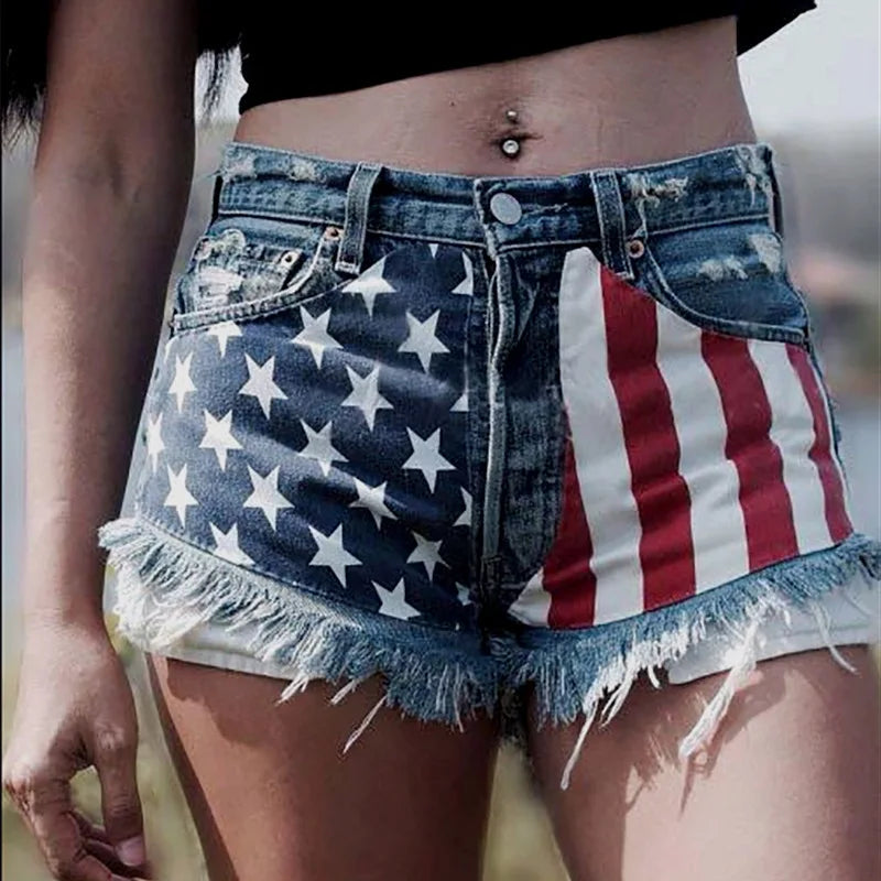 American Flag Fringed Star Printed High Waist Denim Shorts for Women