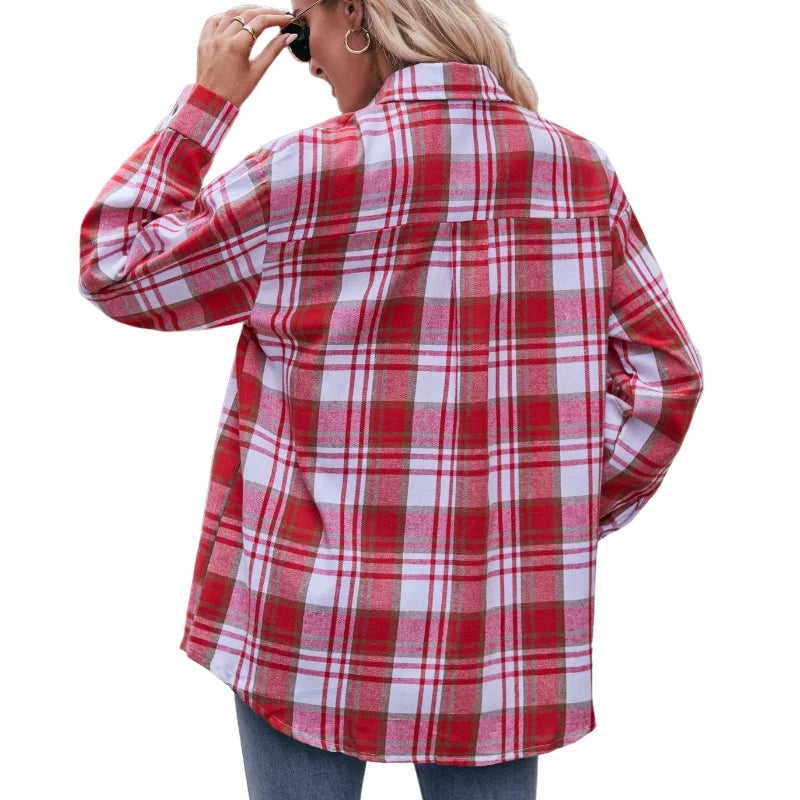 Women Plaid Long Sleeve Shirt Lapel Button Down Oversized Blouse Casual Loose Tunic Top Classic Checkered Pattern Casual Daily