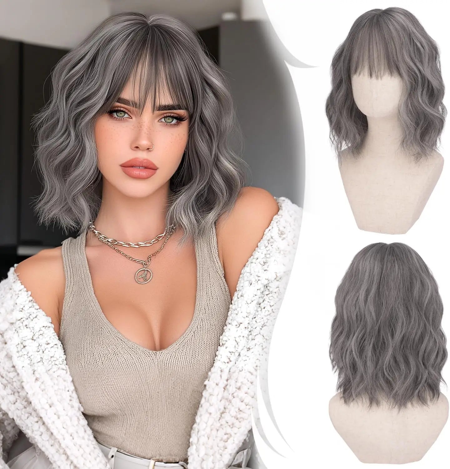 Short Wavy Bob Wig with Bangs Women Brown Highlight Synthetic Wig for Women Natural Curly Wig for Cosplay Daily Party Hallo