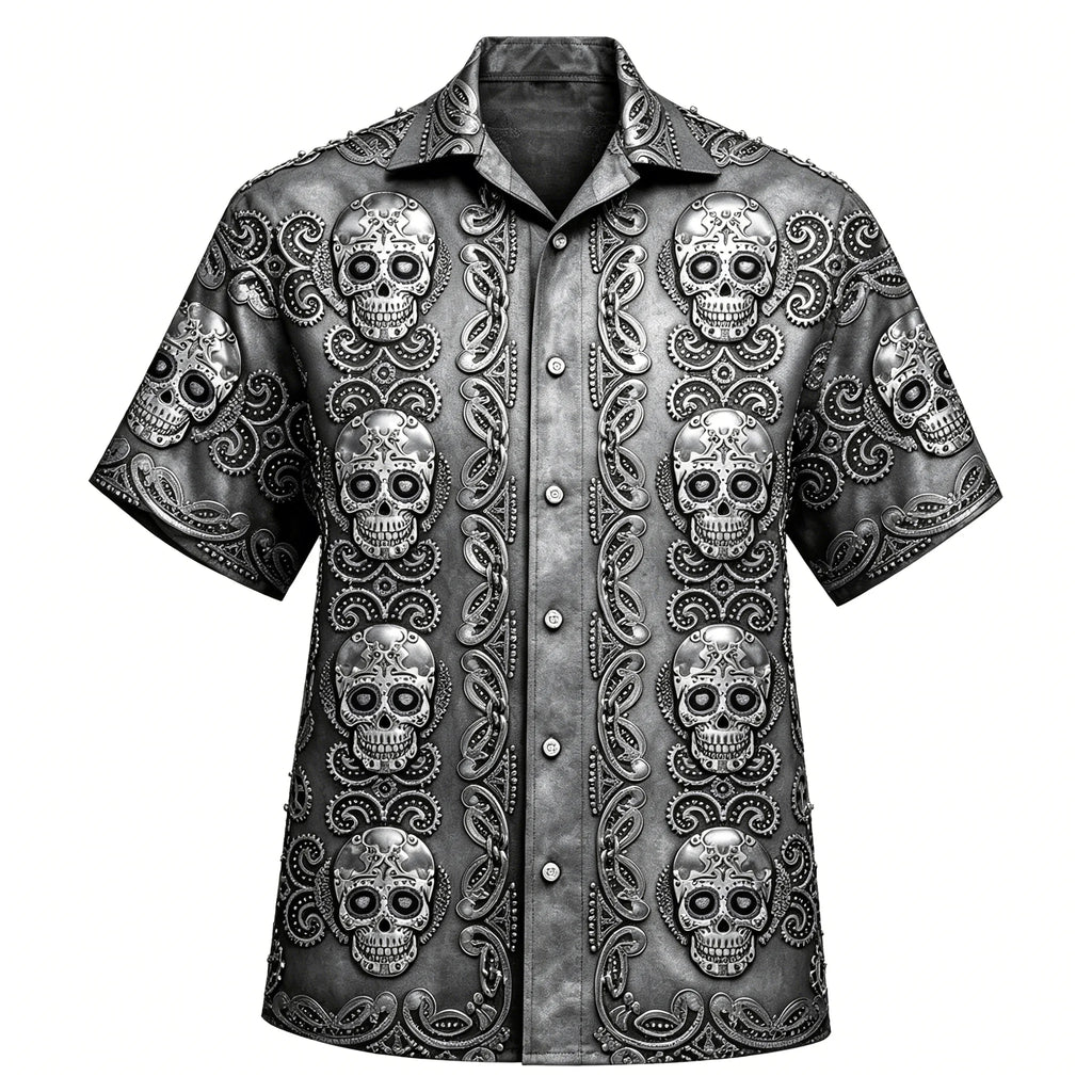 Men's Hawaiian Sugar Skull Shirt, Floral Hibiscus Print, Casual Summer Beach Button-Down