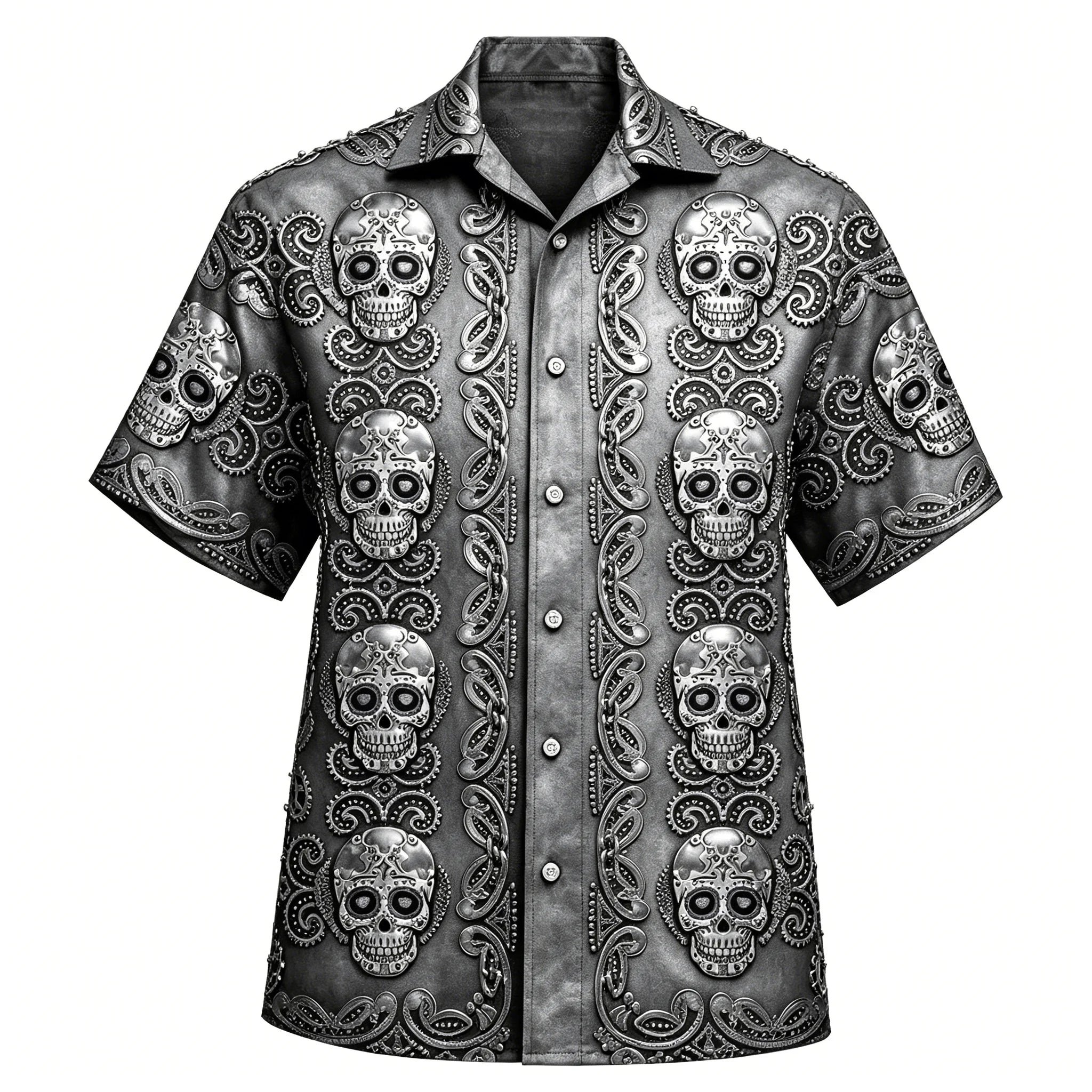 Men's Hawaiian Sugar Skull Shirt, Floral Hibiscus Print, Casual Summer Beach Button-Down