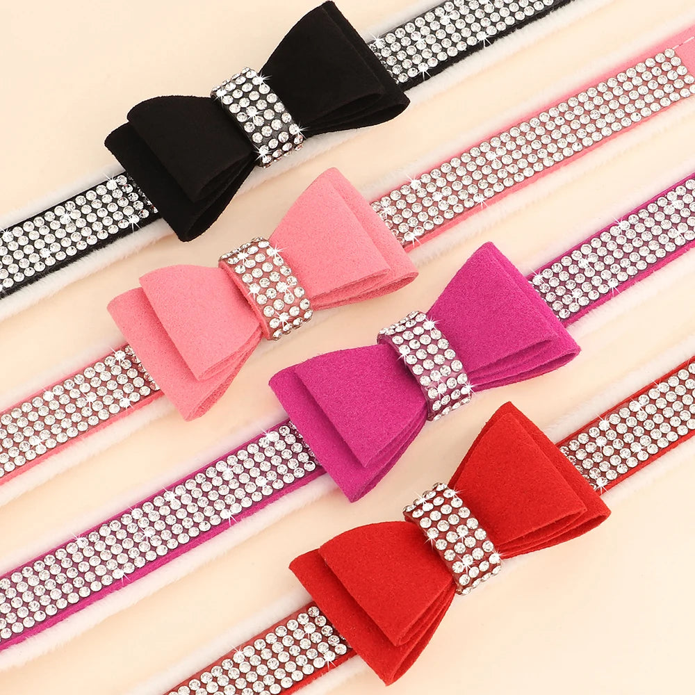 Bling Rhinestone Dog Collar Cute Bowknot Puppy Cat Collars Soft Padded Pet Necklace With Bowtie Warm For Small Dogs Chihuahua
