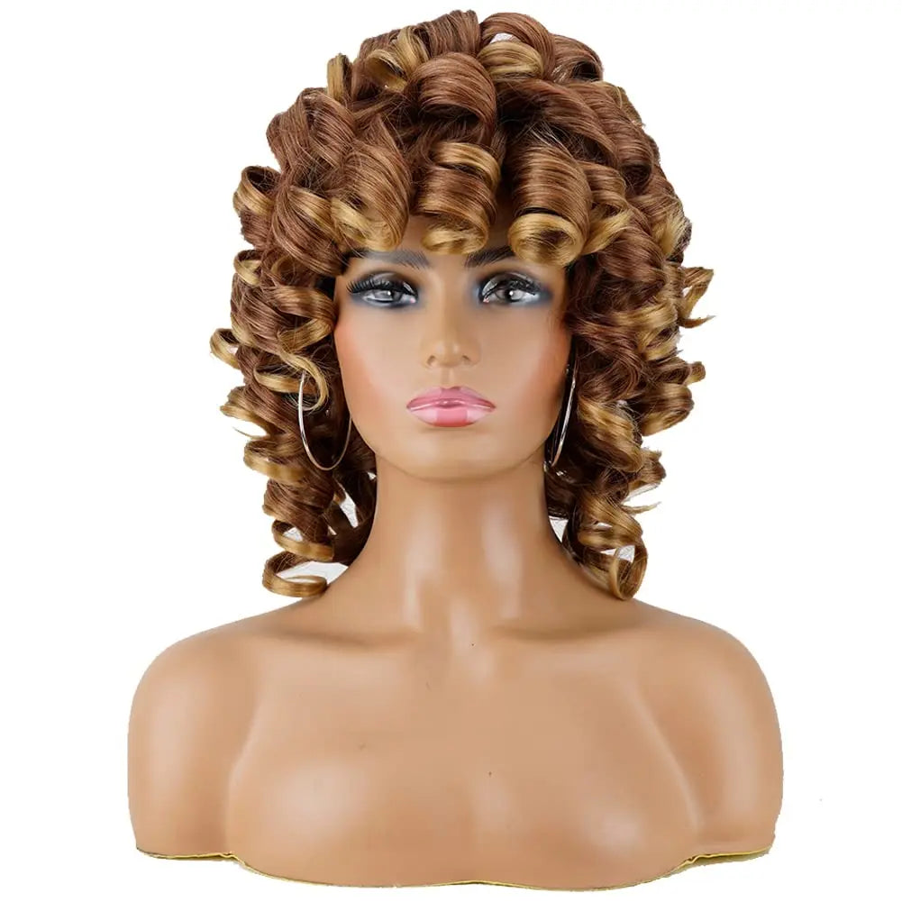 Short Curly Wig for Black Women, Soft Brown Blonde Big Curly Hair with Bangs, African Curly Hair, Heat-Resistant Daily Synthetic Wig for African American Women (T27)