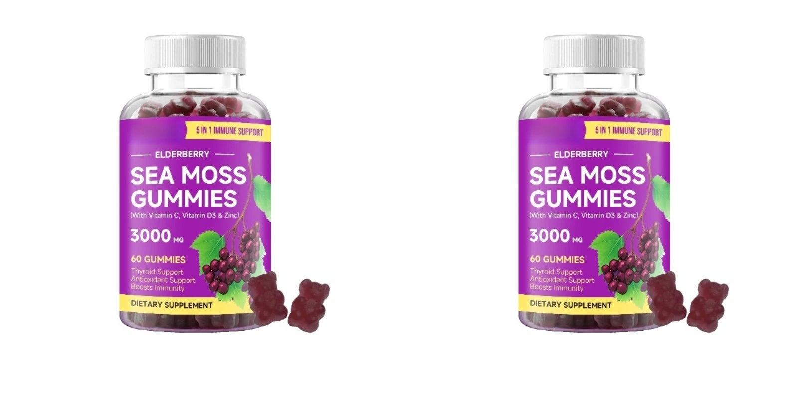 Elderberry Sea Moss Gummies with Vitamin C & D3 Zinc 60 Vegan Gummies Daily Wellness Supplement for Adults Hair Skin Nails Care