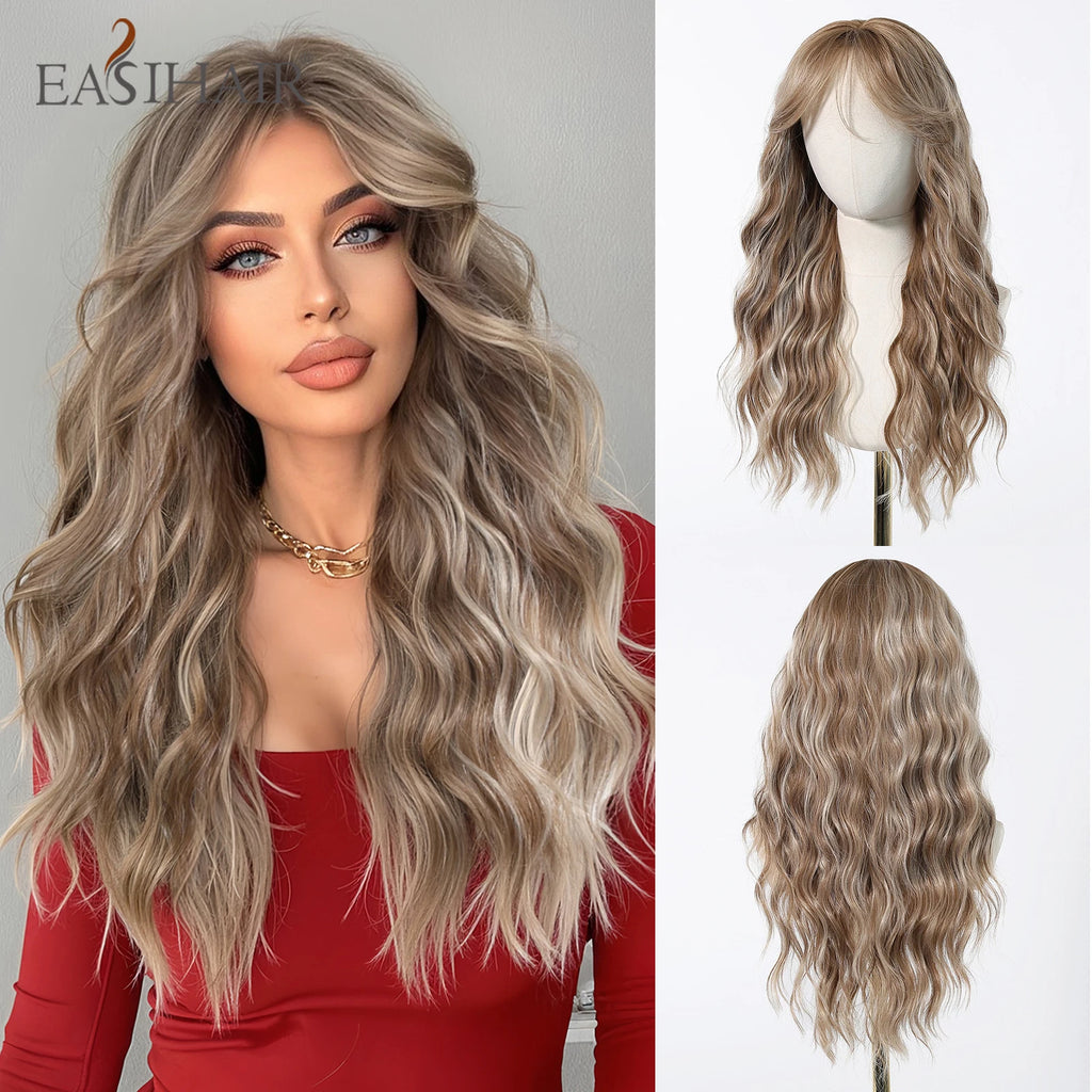 EASIHAIR Long Wavy Synthetic Wigs For Women Brown Blonde Highlight Wavy Wigs With Side Bangs Natural Wave Hair Daily Cosplay Wig