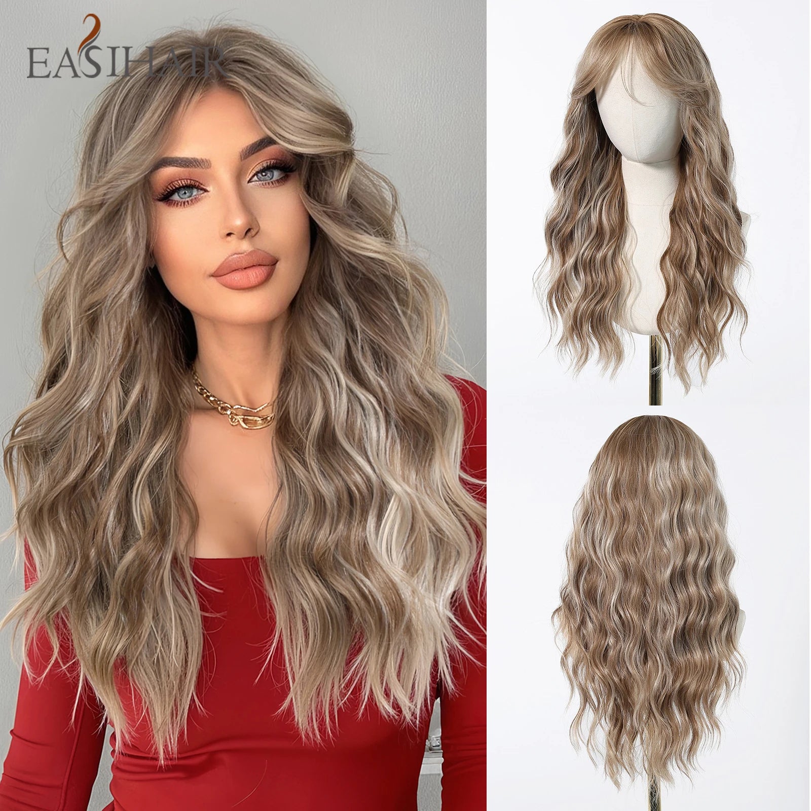EASIHAIR Long Wavy Synthetic Wigs For Women Brown Blonde Highlight Wavy Wigs With Side Bangs Natural Wave Hair Daily Cosplay Wig