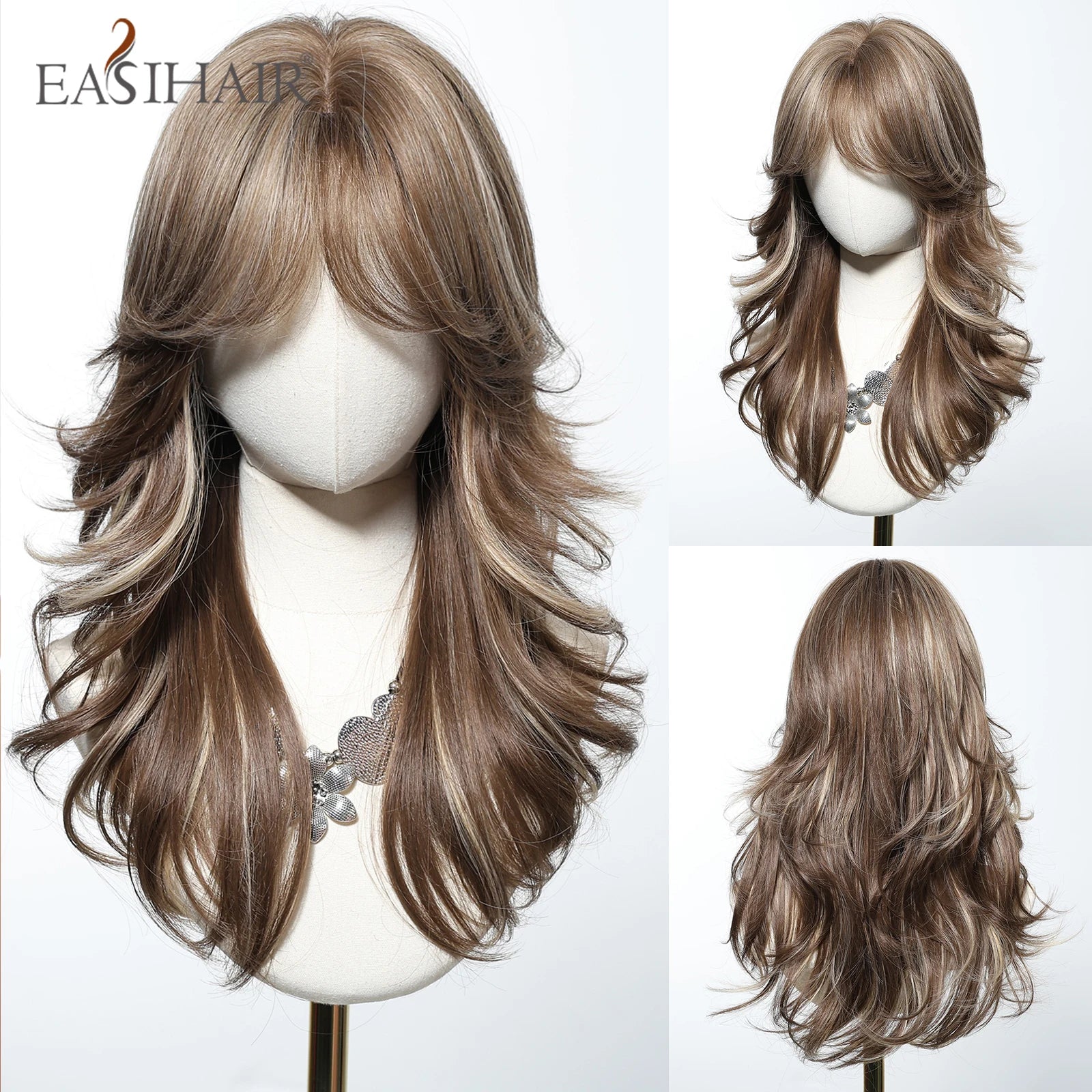 EASIHAIR Long Wavy Synthetic Wigs For Women Brown Blonde Highlight Wavy Wigs With Side Bangs Natural Wave Hair Daily Cosplay Wig