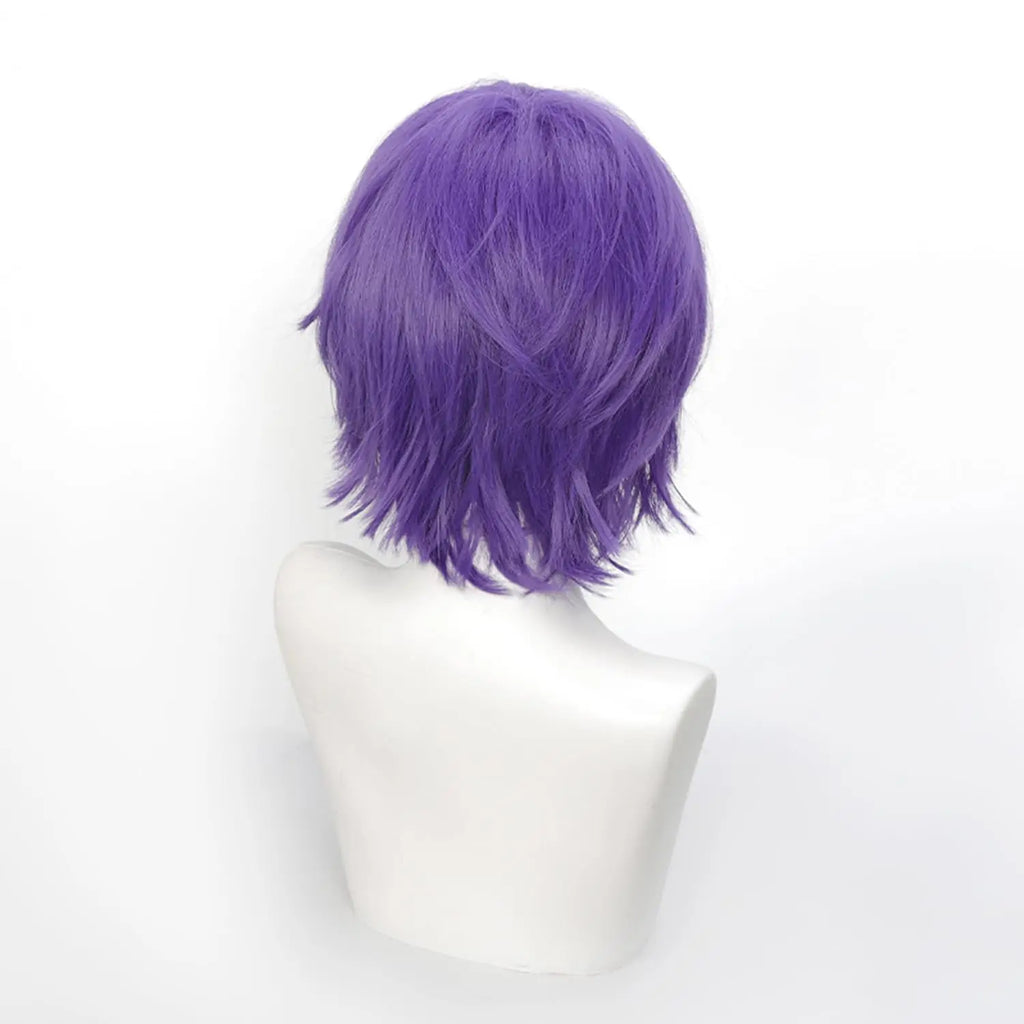 Short Cosplay Wigs 12 Inch Blue purple Short Wavy Bob Hair with Bang Spiky Anime Hair Cosplay Heat resistant Synthetic Fiber Wig