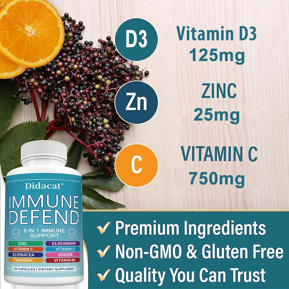 Advanced Immune Support, 8-in-1 Supplement, with Vitamin C, D, B6, Zinc, Elderberry, Turmeric, Ginger & Echinacea, Antioxidants