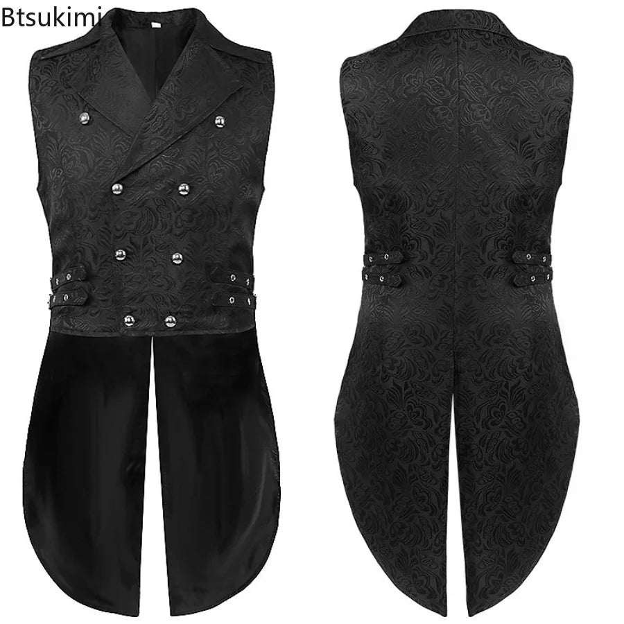 Medieval Men's Gothic Jackets Vintage Jacquard Waistcoats Steampunk Cosplay Costumes Double Breasted Slim Tuxedo Vests Tops Male