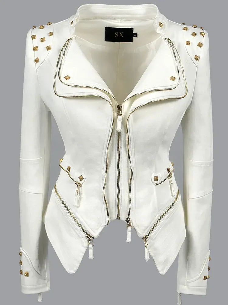 Punk Rivet Short Denim Slim Jackets Women Wash Long Sleeve Vintage Casual Studs Jean Outerwear Motorcycle Denim Coat Large Size