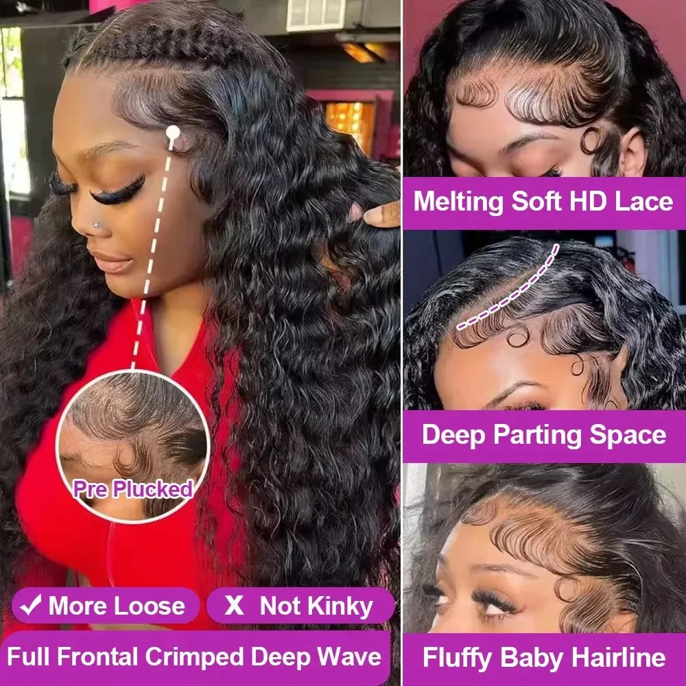 24 inch Hidden Strap 360 Front Wigs Human Hair Glueless 360 Full Lace Deep Wave Curly Human Hair Wig with invisible Drawstring