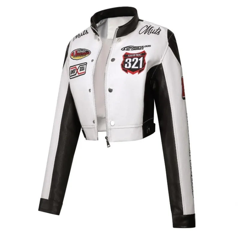 High Quality Soft Embroidery Biker Jacket for Women Cool Short PU Leather Jackets Streetwear Bomber Coats Racing Women Clothing