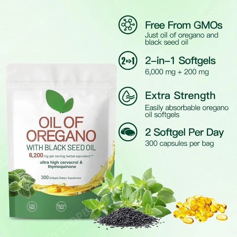 Oil of Oregano with Black Seed Balanced Capsules Organic Softgels Carvacrol Thymoquinone Dietary Supplement for Wellness