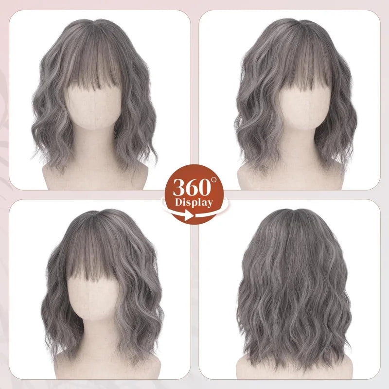 Short Wavy Bob Wig with Bangs Women Brown Highlight Synthetic Wig for Women Natural Curly Wig for Cosplay Daily Party Hallo