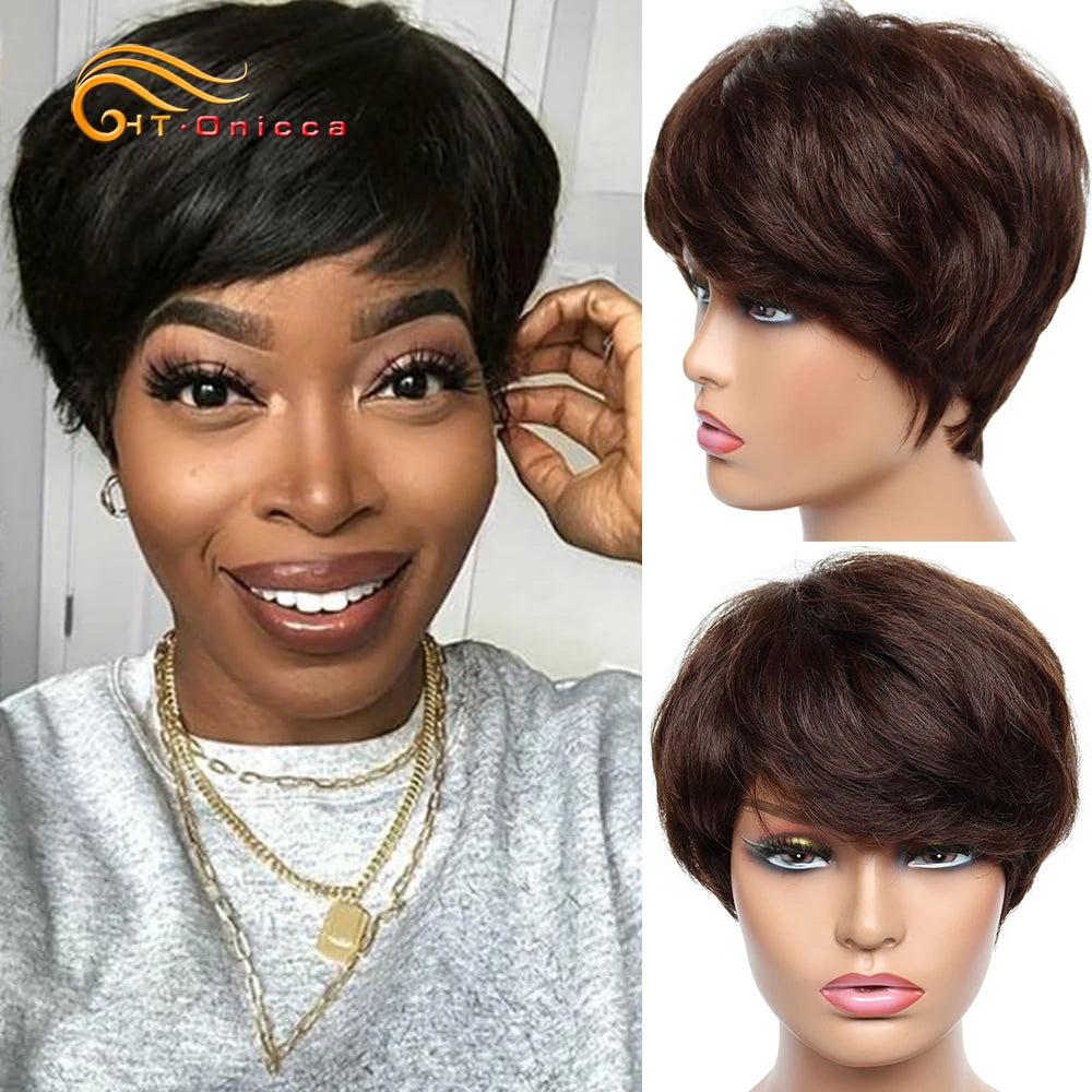 Cheap Short Human Hair Wigs with Bangs 6inch Short Pixie Cut Straight Wig 100% Human Hair for Women Machine Made