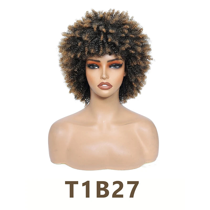 Short Kinky Curly Hair Wig for Black Women 12 Inch Afro High Puffy Curly Wigs With Bangs Synthetic Afro Kinky Curly Wig Cosplay