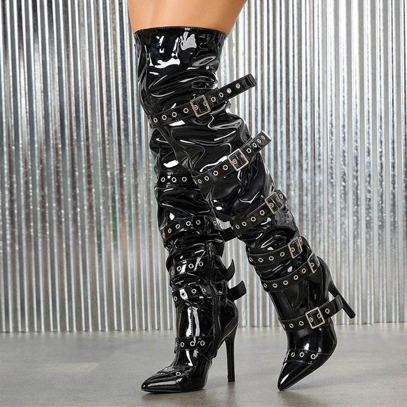 Liyke Punk Style Women Buckle Belt Strap Over The Knee Boots Fashion Zipper Thigh High Shoes Pointed Toe Party Strippers Heels