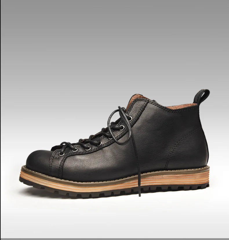 Motorcycle Riding Boots Men's Retro Leather Big Head Shoes British Work Thick Soles High Top Casual Boots