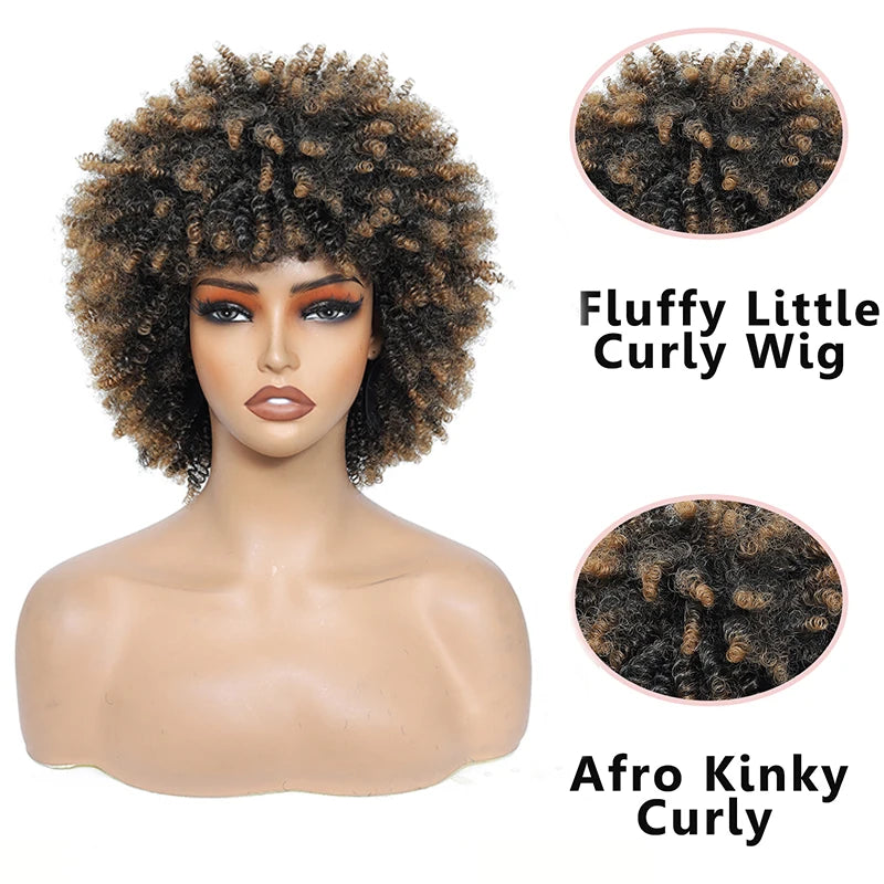 Short Kinky Curly Hair Wig for Black Women 12 Inch Afro High Puffy Curly Wigs With Bangs Synthetic Afro Kinky Curly Wig Cosplay