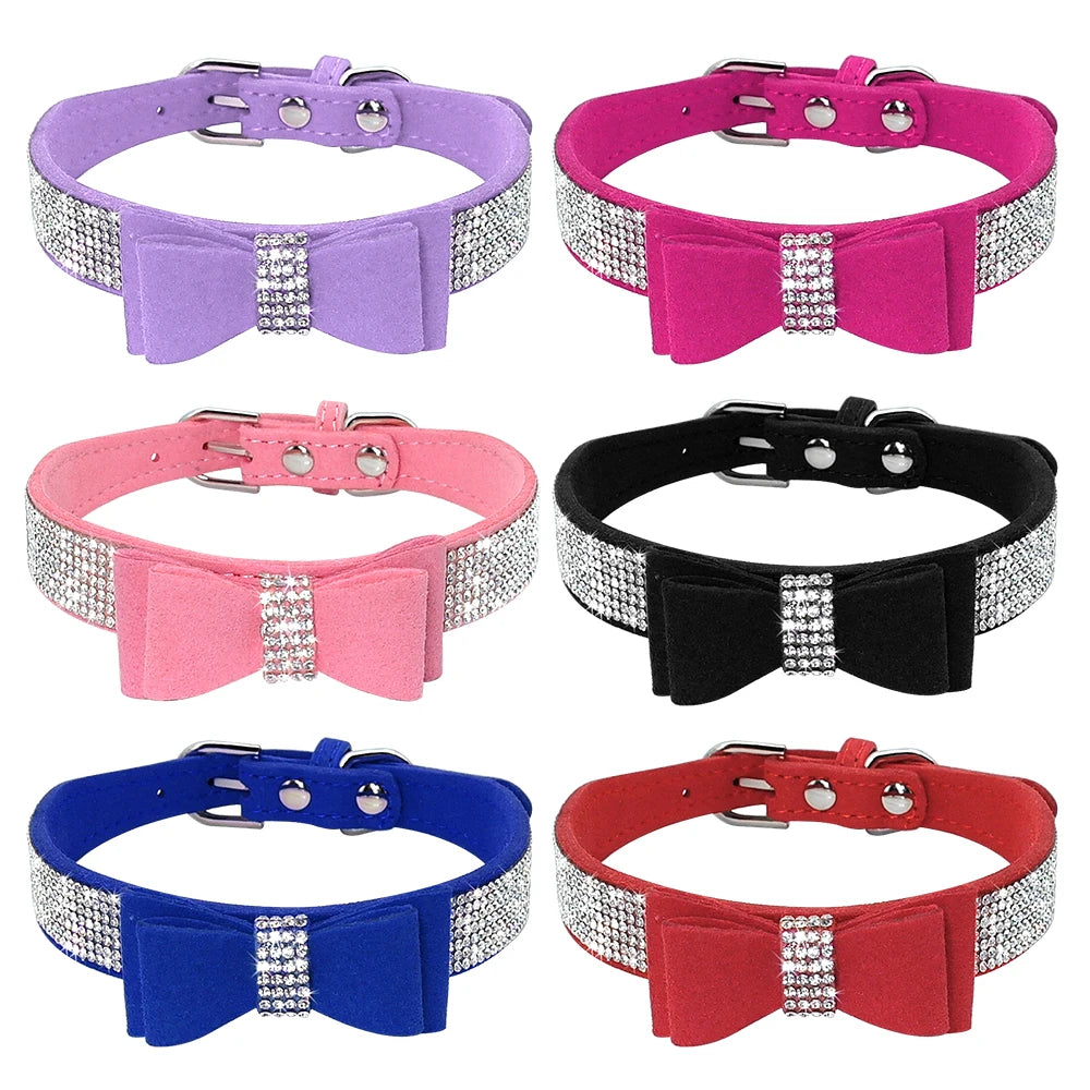 Bling Rhinestone Dog Collar Cute Bowknot Puppy Cat Collars Soft Padded Pet Necklace With Bowtie Warm For Small Dogs Chihuahua