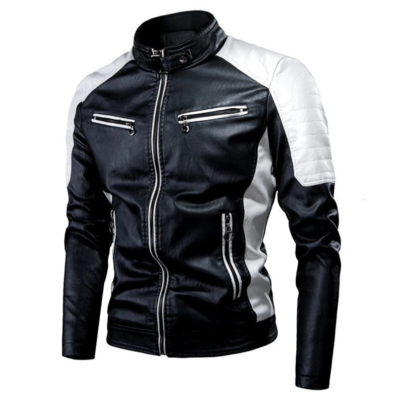Men's Casual Motorcycle Jacket - Fashionable Black, Small Stand Collar, Long Sleeve Zipper, Multi Pockets, Comfortable Polyester