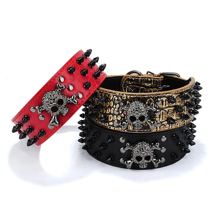 Halloween Gothic Black Skull Studded Dog Collar & PU Leash Set – Anti-Chew for Medium Large Breeds, French Bulldog