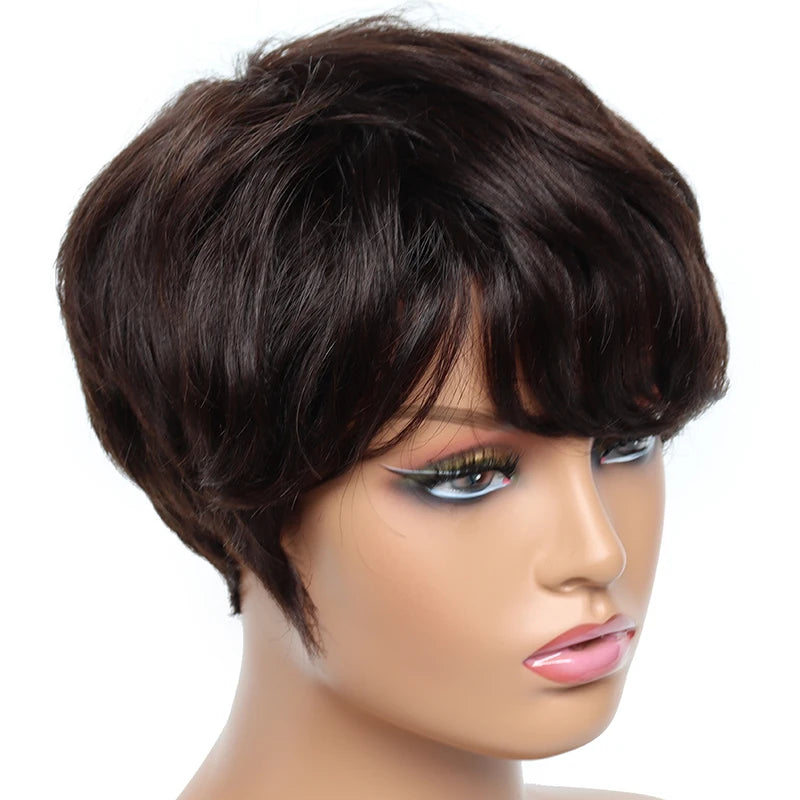 Cheap Short Human Hair Wigs with Bangs 6inch Short Pixie Cut Straight Wig 100% Human Hair for Women Machine Made