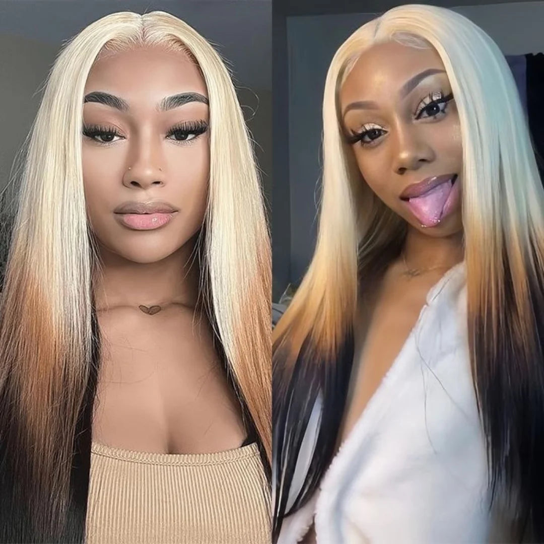 Ombre Blonde 13x6 Lace Front Wig Synthetic Wig Blonde 613 Roots With Black Ends Straight Transparent HD Lace Frontal Wig Cosplay