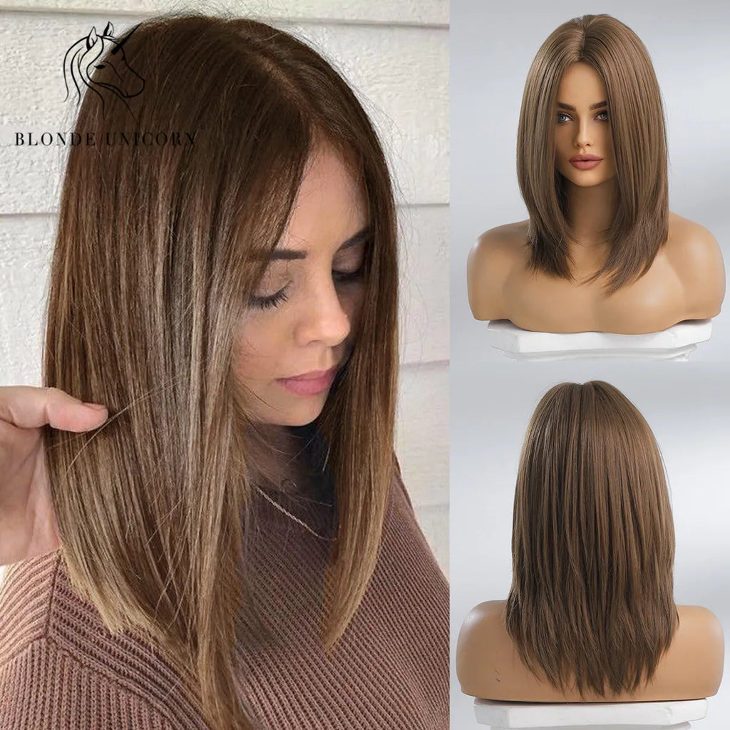 BLONDE UNICORN Synthetic Wig Natural Short Bob Wig Brown Blonde Straight Hair With Bangs Daily Use For Women Heat Resistant