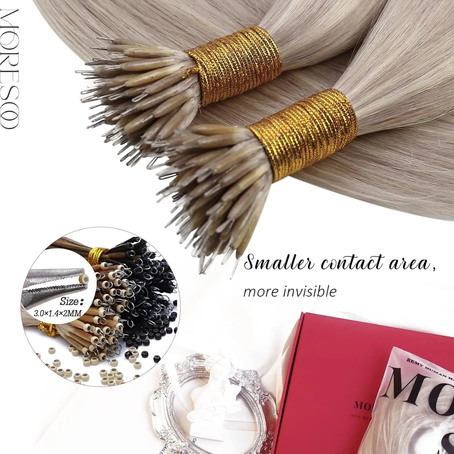 Moresoo Nano Hair Extensions Human Hair Extensions Brazilian Hair Natural Nano Ring Hair Extensions Human Hair Nano Tip 50G/50S