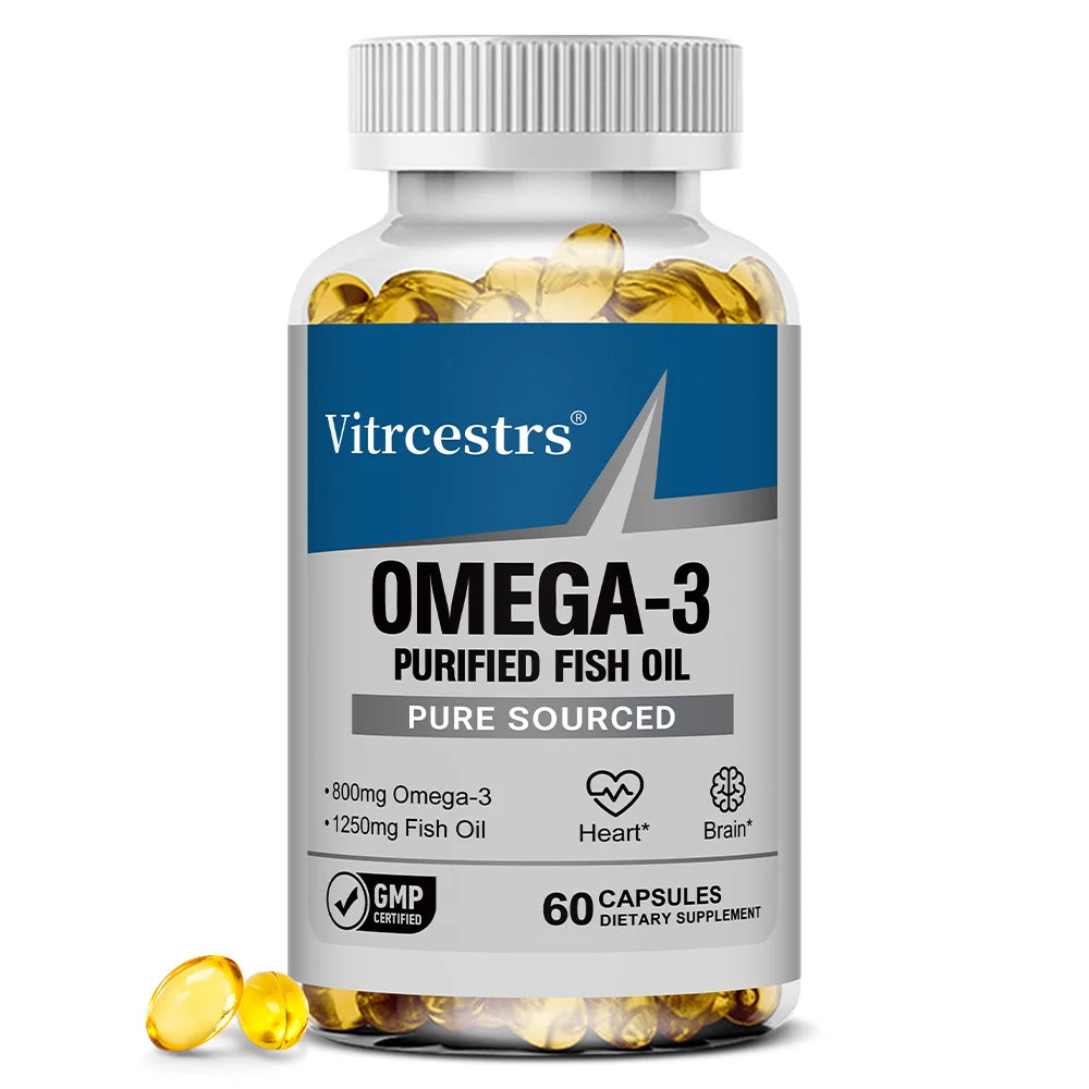 Omega 3 Fish Oil 1250mg Softgels - 400mg EPA 300mg DHA, High Potency Brain Heart Joint Health, Wild Caught, 60/120 Counts