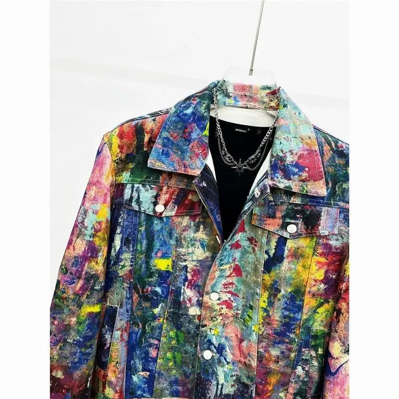 Urban Graffiti Oil Painting Denim Jacket Men's Loose Casual Fashionable Versatile Short Sleeve Flip Collar Coat by BuPaiDui