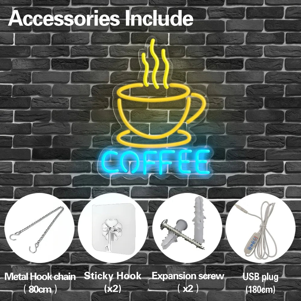 Coffee Neon Light, Tabletop/Wall Decor, Vintage Cafe Ambiance for Home, Office, Parties, for Coffee Lovers Gift, Home Decoration