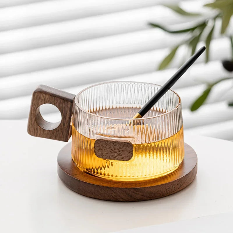Simple coffee mug set Tea cups 250ml Office Glass Water Mug Casual Afternoon Tea Cup with tray Spoon Kung Fu Beverage Mug