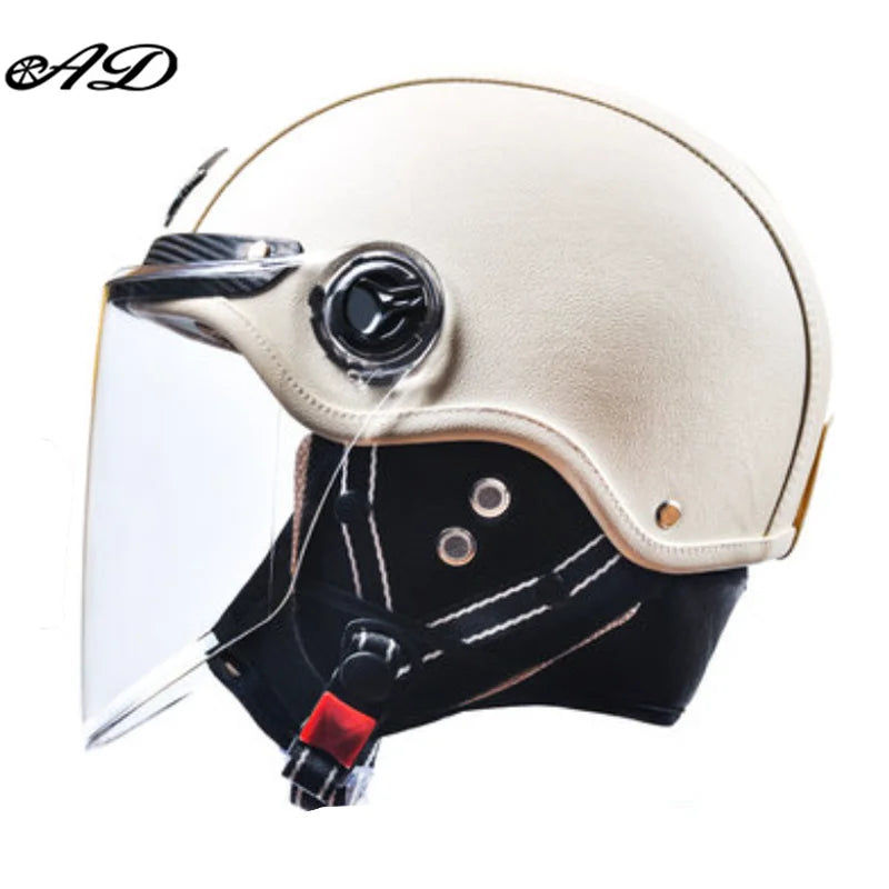 AD Retro Motorcycle Helmets with Harley Visor Leather Helmet for Man Electric Motorbike Vintage Protected Motor Safety Cap